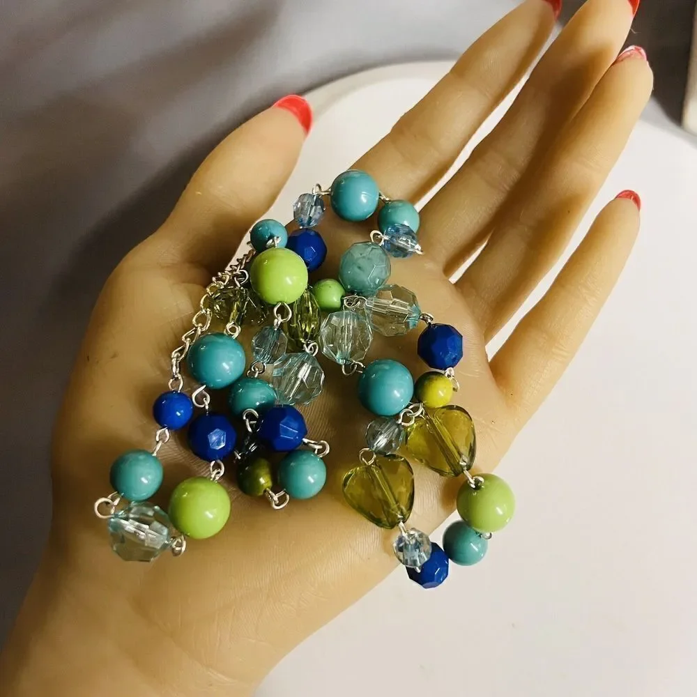 Vintage Necklace Blue Green Shades Beads Silver Tone Glass Heart Accents